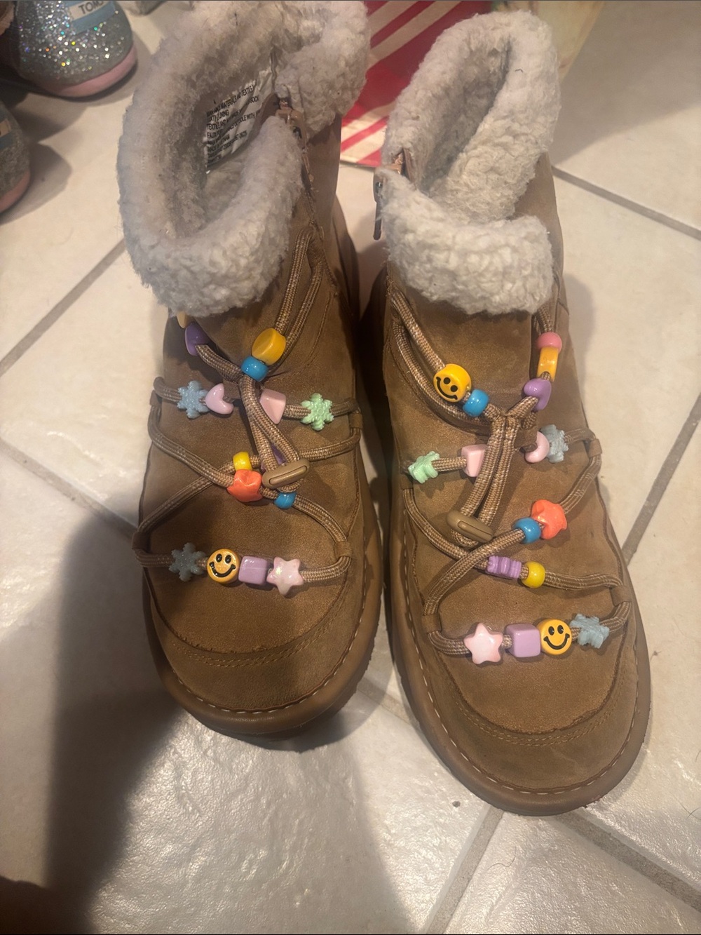 Target Kids Tan Sherpa-Lined Boots with Colorful Bead Accents